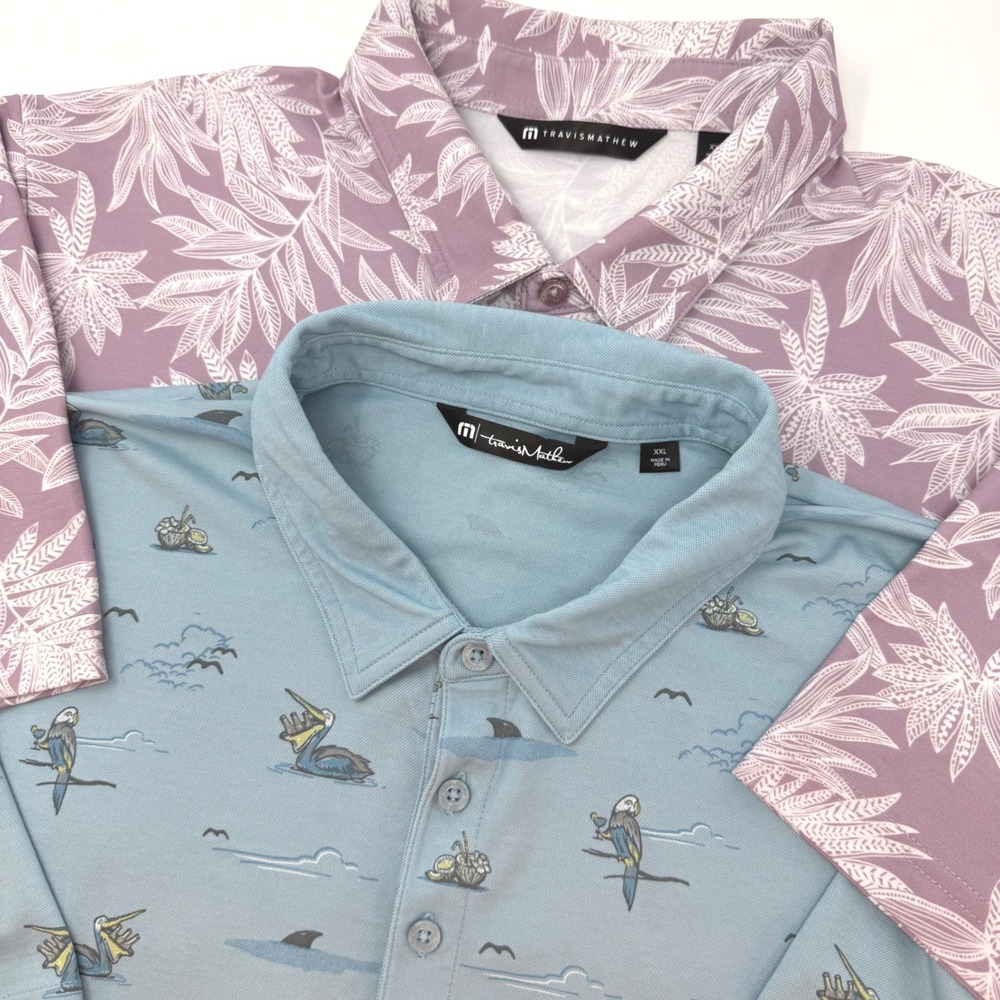 TravisMathew Mens XXL Polo Shirt Lot of 2 Tropical Palm Pelican Blue Purple